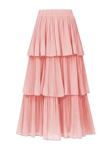 OULESIS Fall Skirts for Women 2025 Ruffle Flowy Tiered Layered Pleated Maxi Skirt Tall Womens Long Flowy High Waist Skirt Spring Party Pink - Image 1
