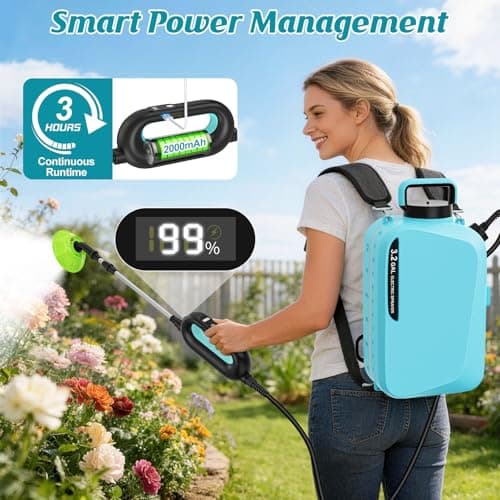 3.2Gal/12L Battery Powered Backpack Sprayer, 7.4V Electric Pump Sprayers with Digital Display, 2 Speeds & 5 Nozzles, USB Rechargeable, Adjustable Strap for Lawn, Garden, Farm, Cleaning (Light Blue) - Thumbnail 4
