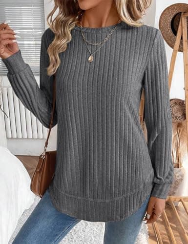 JUSTFASHIONNOW Tunic Sweaters for Women for Leggings Long Sleeve Tops Crew Neck Shirts Lightweight Tunic Sweaters Fashion 2025 (Deep Grey, Large) - Thumbnail 4