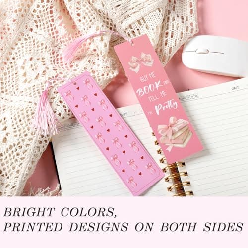 12PCS Pink Bow Bookmarks, Paper Bookmark with Tassels, Pink Bookmarks for Book Lovers Gifts, Double-Sided Colorful Cute Book Marks for Women, Book Accessories, Classroom Reading Supplies - Thumbnail 3