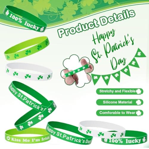 St Patricks Day Bracelets for Kids 30PCS Shamrock Rubber Bracelets Bulk St. Patrick's Day Party Favors Goodie Bag Stuffers Supplies Green Irish Wristbands St Patricks Day Accessories Treats Gifts - Thumbnail 3