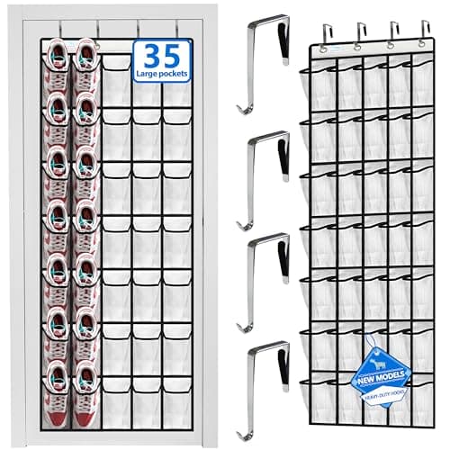 over the door shoe organizer,2025 upgraded,over the door shoe organizer,35 Huge clear pockets,over door shoe organizer,Store size 13 shoes,Strong material,hooks Suitable for various doors,White - Image 1