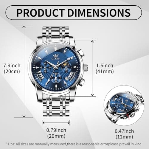 OLEVS Watches for Men Luxury Blue Face Mens Watch Classic Silver Stainless Steel Waterproof Big Face Men's Wrist Watches Unique Dress Quartz Chronograph Fashion Male Watch Relojes para Hombres - Thumbnail 4
