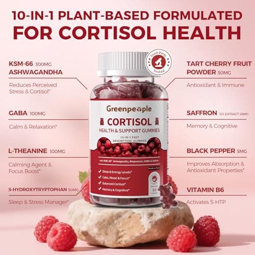 GREENPEOPLE Cortisol Supplements for Women & Men - Cortisol Reducer Detox Manager w/KSM-66 Ashwagandha/Magnesium/L-theanine/GABA/Vitamin B6 for Mood/Sleep/Stress Relief 60 CT Raspberry Flavor Gummies - Thumbnail 2