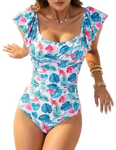 VIAURBE Women's Ruffle One Piece Swimsuit Tummy Control Bathing Suit Floral Print Ruched Slimming Monokini White Green Leaf 2XL - Image 1