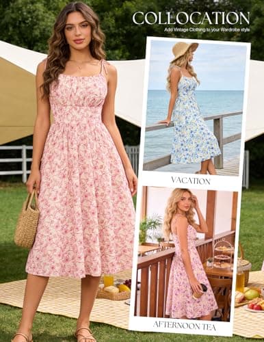 Belle Poque Pink Floral Dress for Women Spaghetti Strap Midi Sundress 2026 Summer Spring A line Casual Cute Dresses M - Thumbnail 5