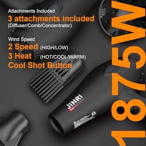 Blow Dryer - JINRI 1875W Diffuser Hair Dryer for Salon & Personal Use – Powerful, Fast Drying with Diffuser and Comb & Nozzle for Women & Men, ALCI Safety Plug, Black - Thumbnail 5