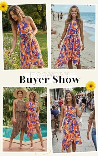 ECOWISH Polka Dot Women Summer Dress Midi A Line Ruffle High Low Sleeveless Boho Floral Halterneck Cocktail Tie Knot Sundress Yellow Floral Large - Thumbnail 5