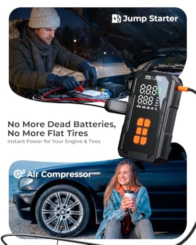 Jump Starter with Air Compressor, 12V Car Battery Jumper Starter Portable for 8.0L Gas/6.0L Diesel, Car Battery Charger Jump Box with 160PSI Auto-Shutoff Tire Inflator and Storage Case, Black - Thumbnail 2