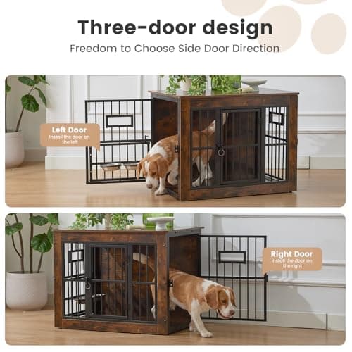 32 Inch Heavy Duty Dog Crate Furniture for Medium/Small Dogs, Decorative Pet House End Table with 3 Doors & Adjustable Bowls, Wooden Cage Kennel Furniture Indoor, Rustic Brown - Thumbnail 3