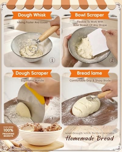 RYMTOX Complete Sourdough Starter Kit with Manual | Easy to Clean for Beginners | Sourdough Bread Baking Supplies with Round Bread Proofing Basket, Bread Sling, Starter Jar, Dough Whisk, Scrapers, Bag - Thumbnail 5