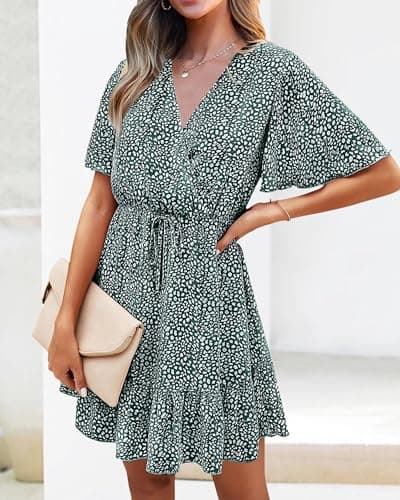 KIRUNDO Womens Summer Dresses 2026 Casual Spring Short Sleeve V Neck Ruffle Floral Print High Waist Belted Flowy Mini Dress(Dark Green, Large) - Thumbnail 6