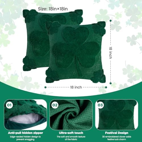 REBANDEN St Patricks Day Throw Pillow Covers Decorations 18x18 in 2-Piece Set,Green Pillow Covers Linen Spring Pillow Case Home Sofa St Patricks Day Decor. - Thumbnail 3