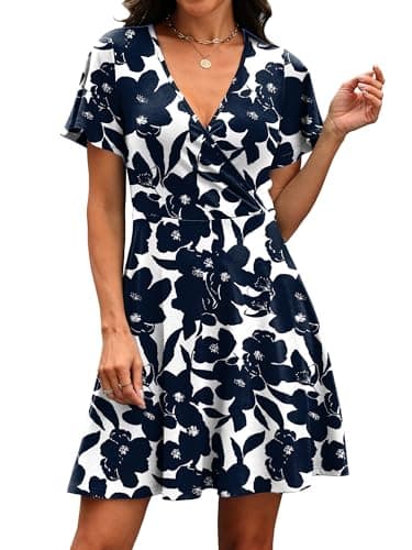 RUMIA Sundresses for Women 2026 Summer Beach Dresses Short Sleeve Empire Waist Church Wrap V Neck Dress Spring Clothes Floral Navy 02 XL - Thumbnail 3