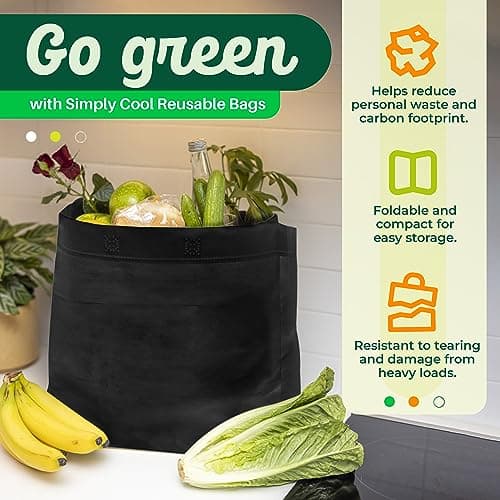 Simply Cool 50 Pack Black Reusable Eco-Friendly Grocery Shopping Bags 12.6"x6.3"x11.8" Durable, Recyclable Shopping Bags Washable, Foldable, Portable Tote Bags Bulk - Thumbnail 3