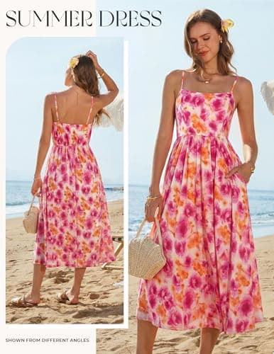 GRACE KARIN Summer Wedding Guest Dresses for Women 2026, Spaghetti Strap Beach Boho Maxi Dress,Flowy Floral Dress with Pocket Orange Pink XXL - Thumbnail 3