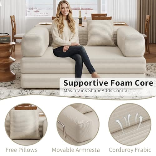 BSHOMGI 4 in 1 Futon Sofa Bed Queen Size - Foldable Convertible Sleeper Sofa Couch, Removable Washable Corduroy Cover, Space Saving Floor for Living Room (Beige, 53.15" Double Sofa) - Thumbnail 5