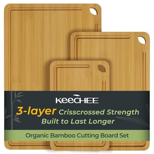 Keechee Wood Cutting Board for Kitchen - Reversible Bamboo Cutting Boards Gift Set of 3 with Juice Groove, Wooden Chopping Board for Meat, Fruit, Vegetables & Cheese (Pre Oiled, Natural) - Image 1