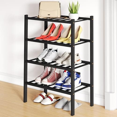 Smiry Shoe Rack, 4 Tier Small Bamboo Shoe Organizer, Stackable Free Standing Wooden Shoe Storage Shelf for Closet, Entryway, Front Door Entrance, Black - Image 1