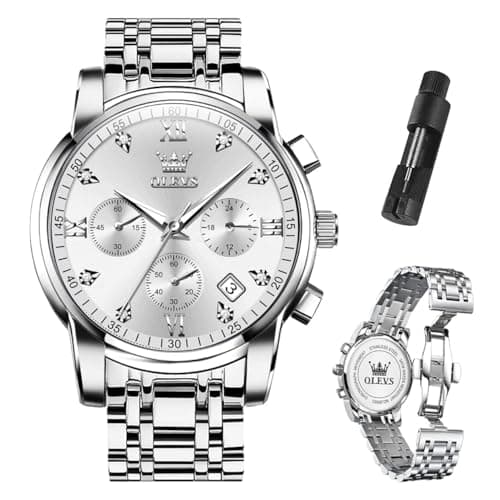 OLEVS Watch Men Silver Watches for Men Stainless Steel Analog Quartz Mens Watches Dress Waterproof Metal Band Luxury Wrist Watch for Man with Day Date Diamond Large Face Chronograph Reloj para Hombre