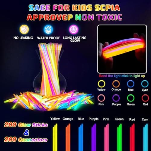 HONLYNE 200 Pcs Glow Sticks Bulk Party Pack, 8'' Glow in the Dark Party Supplies, Glow in the Dark Light Up Sticks with Connectors, Party Favors for Birthday, Concert, Raves, Halloween, Christmas - Thumbnail 6