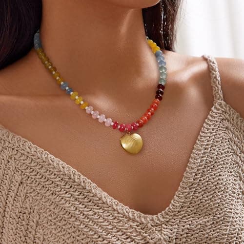 LCTrusttmor Gahna Colorful Boho Beaded Necklace for Women, Shell-Shaped Multilayer Gemstone Choker Jewelry, 18K Gold Plated Natural Stone Beach Surfer Necklace - Thumbnail 4