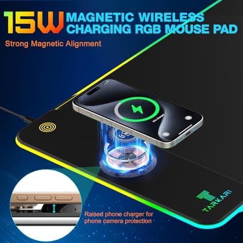 TARKARI Magnetic Wireless Charging RGB Mouse Pad, Large Gaming Desk Mat Waterproof, 31.5"x15.8" Black Mousepad, Ultra-Smooth Surface, Non-Slip Rubber Base, Desk Pad for Keyboard Laptop - Thumbnail 2