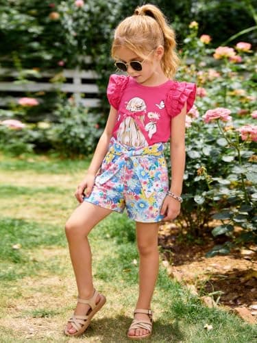 AMAWMW Girls 2 Piece Outfit Summer Clothes Ruffle Sleeve Shirts Top Paperbag Waist Shorts With Pockets Kids Clothing Set, Hot Pink, 4-5T - Thumbnail 5