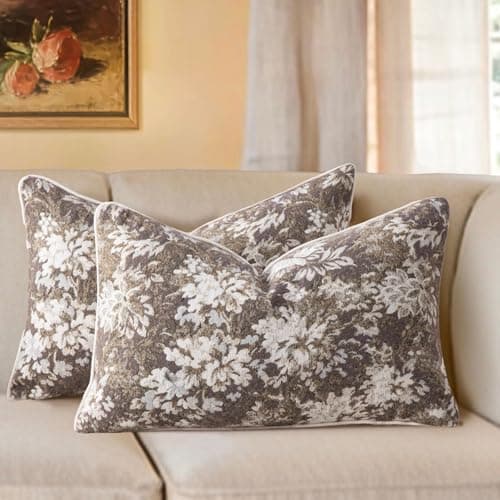 Haguko Pack of 2 Vintage Floral Throw Pillow Covers 12x20 Tapestry Chenille Soft Decorative Farmhouse Rectangular Accent Pillow Cases for Couch Bedroom Living Room Home Decor, Beige - Image 1