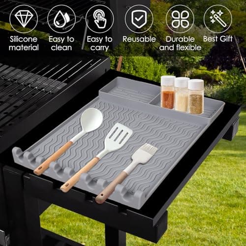 Full-Size Silicone Griddle Mat for Flat Top Grills, Heat Resistant Spatula Holder with Grease Drip Pan, Outdoor Cooking Counter Protector, Gray - Thumbnail 2