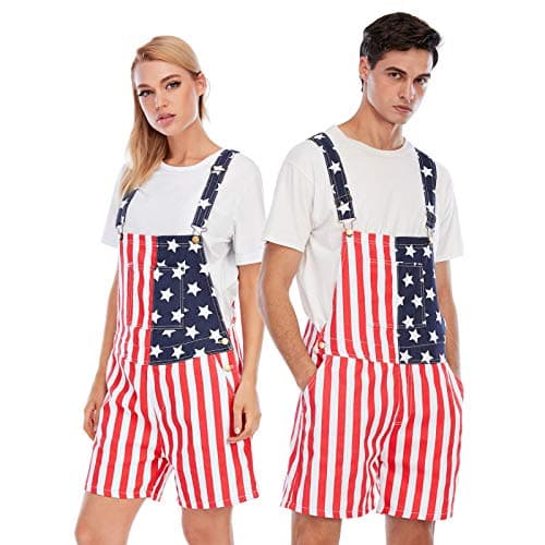 Jumpfolia Unisex Patriotic American Flag Print Denim Bib Overall Shorts Jeans - Mens & Womens One Piece Jumpsuit (F04-3XL - Image 1
