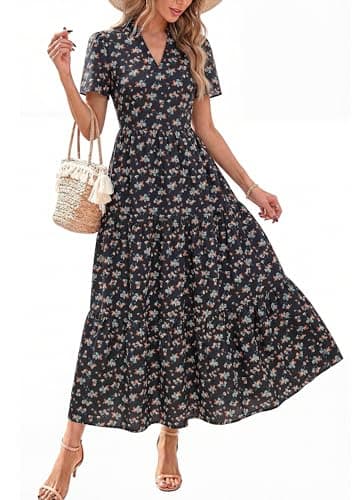KIRUNDO Womens Summer Floral Maxi Dress Short Sleeve V Neck Boho Long Flowy Casual A Line Dresses 2026 Beach Vacation Outfits(Black Yellow Flower, X-Large) - Image 1