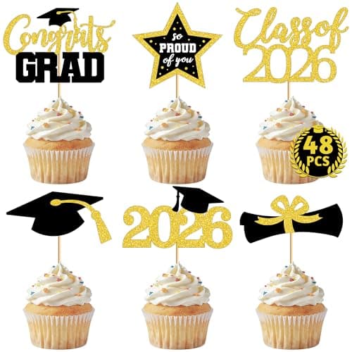 48 PCS Graduation Cupcake Toppers, 6 Styles Congrats Grad Cake Topper, Black and Gold Graduation Decorations 2026, Glittery Cap and Diploma Cake Picks for Grad Party Decor Supplies - Image 1