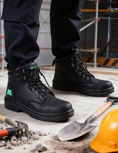 SKPRO Steel Toe Work Boots for Men, Lightweight Non Slip Boots, Safety Toe Construction Leather Water-Resistant Shoes (Black, 14) - Thumbnail 2