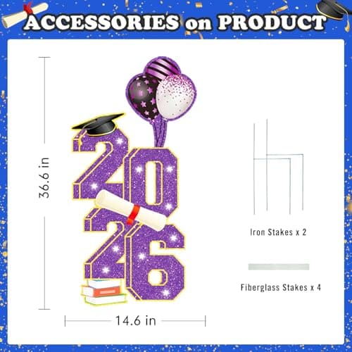 2026 Graduation Decorations - 3.5FT Large Class 2026 Graduation Yard Sign Yard Decorations Congrats Graduation Lawn Signs 2026 Grad Yard Signs with Stakes for Outdoor Indoor Congrats Graduation Party Decoration Supplies - Thumbnail 2
