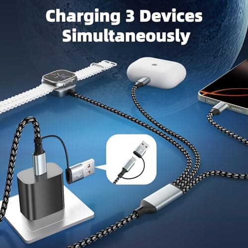 Travel 3 in 2 Charging Cable for iWatch Charger, Travel Essentials UB-A/USB-C Multi Charging Cable/Cord for All Devices Compatible for iWatch Ultra/SE/10-1, iPhone16 15 14, Android-5FT - Thumbnail 2