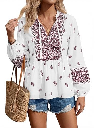 MASCOMODA Women Boho Babydoll Tops Spring Summer Casual V Neck Peplum Long Sleeve Blouses Flowy Shirts Beach Vacation Clothes(White Wine Red Floral,Small) - Thumbnail 6
