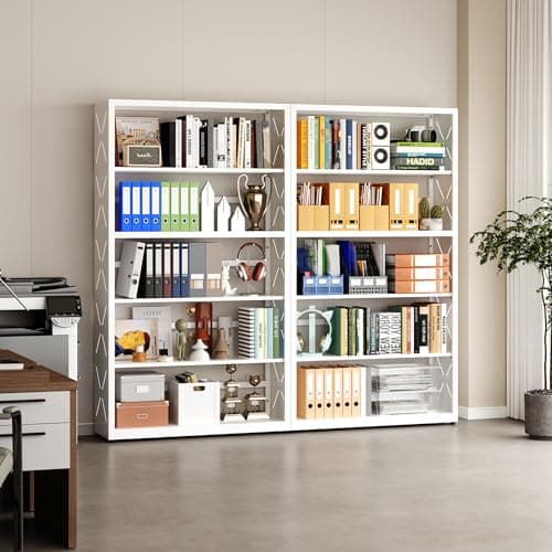 Kubohogar Book Shelf, 5 Tier Metal Bookshelf with Adjustable Shelves, Open Shelf Bookcase for Home Office & Living Room, CD Storage Racks, White 31" Wide - Thumbnail 2