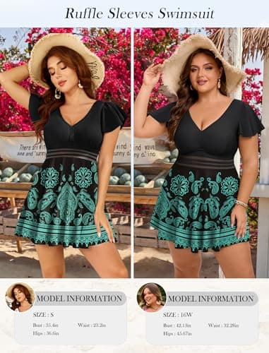 Arolina Swimsuits for Curvy Women Tankini Bathing Suits Swim Dress Swimwear Curvy Full Coverage Bathing Suit Black Paisley - Thumbnail 5