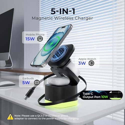 5 in 1 Magnetic Wireless Charger Stand with Night Light, Foldable Wireless Charging Station Built-in Retractable Cable, Fast Wireless Charger for iPhone 17/16/15/14/13/12, Apple Watch, AirPods Pro 3 - Thumbnail 2