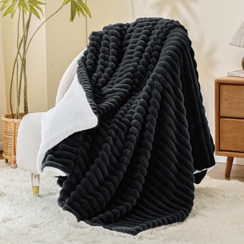 INFIIXSO Sherpa Throw Blanket for Couch - Super Soft & Warm Striped Fleece Blanket, Cozy Plush Fluffy Blanket All Season Use (Black, 60x80 Inches) - Image 1