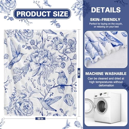 yuboo Spring Blue White Floral Throw Blanket, Chinoiserie French Country Soft Blanket for Women Girls, Soft Flannel Hummingbird Blanket for Coastal Victorian Decor, 50 x 60 Inch - Thumbnail 4