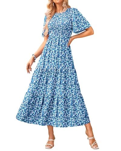 KIRUNDO Easter Dresses for Women 2026 Casual Flutter Sleeve Midi Trendy Spring Summer Modest Crew Neck Smocked Tiered A Line Flowy Beach Party Dress(X-Large, Blue) - Image 1