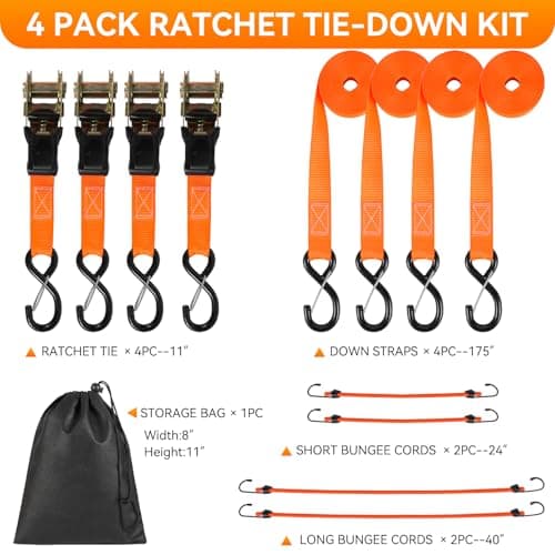 4 Pack Ratchet Straps Tie Downs Heavy Duty 1500 LBS Break Strength, Orange Tie Down Straps with S Hooks and Safety Clips, 4 Bungee Cords, Storage Bag for Motorcycle, Truck, Cargo, UTV, Trailer - Thumbnail 4