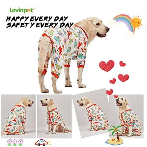 LovinPet Large Dog Pajamas, Undershirt for Dog Coats, Anti Licking, Pitbull Clothes, Pet Anxiety Calming Onesies for Dogs, White Dinos Print, Pet Pajamas for Dogs, Pitbull Shirt, L - Thumbnail 6