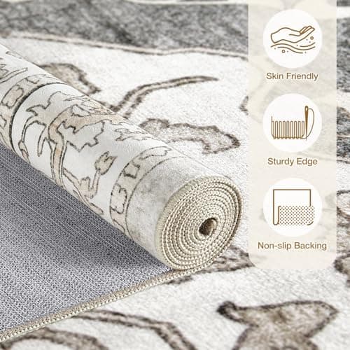 cotiled 5x7 Area Rugs Large Washable Rugs for Living Room Soft Non-Slip Backing Stain Resistant Carpet for Bedroom Dining Room Vintage Rugs for Home Decor 5x7 Light Brown - Thumbnail 2
