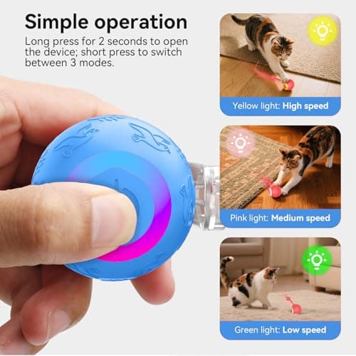 Interactive Cat Toys Ball for Indoor Cats Fast Rolling on Carpet, Chirping & Motion Activate Cat Toys, Slow/Nromal/Fast Mode, ON/Off Sound - Thumbnail 4