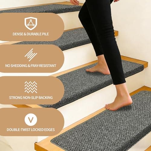 Bullnose Carpet Stair Treads, 14Pack - 29.5"x9.5"x1.5" Stair Treads Non-Slip for Wooden, Peel and Stick Stair Runner, Edging Stair Protectors, Pet Friendly, Washable (14, Gray) - Thumbnail 4