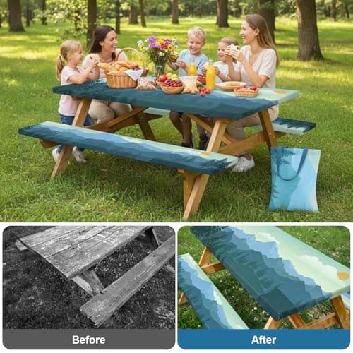 Picnic Table Cover with Bench Covers and Bag, 72in Camping Tablecloth, Waterproof Windproof Elastic Edges Fitted Rectangle Tables RV Gear Campers Must Have（Green） - Thumbnail 2