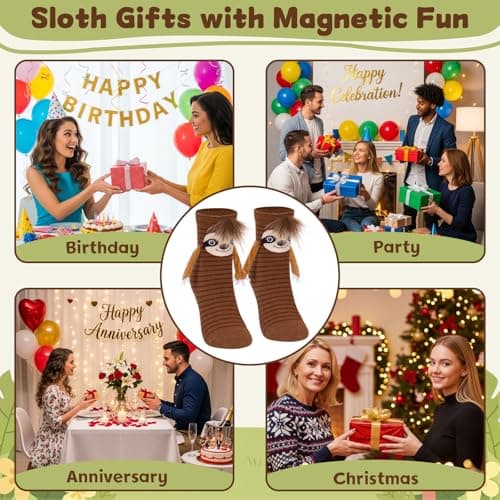 FunisFun Sloth Socks with Magnetic Holding Hands Funny Animal Crazy Socks for Women Ideal Sloth Gifts for Girls Birthday (US, Alpha, One Size, Regular, Regular, Brown) - Thumbnail 6